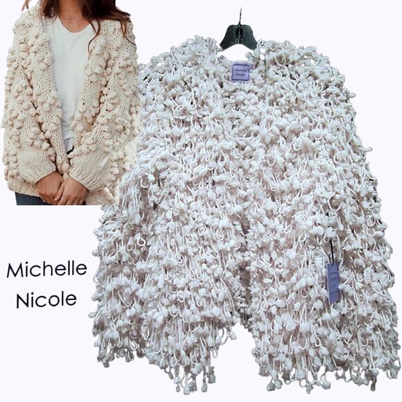 MICHELLE NICOLE NEW BLUSH Cottagecore Pom Pom Open Front Cardigan M - Picture 1 of 11